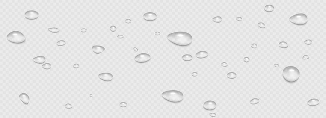 Rain water drops falling on transparent background. Wet, clear surface with bubbles on the surface. Realistic clear water, water drops for creative banner design