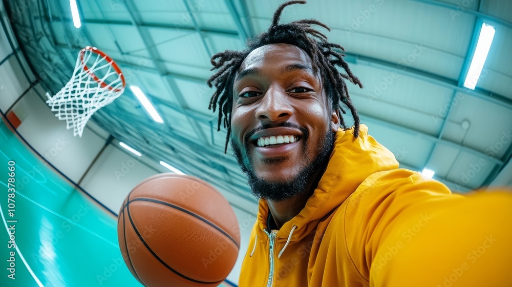 Poster man with dreadlocks is holding a basketball and smiling. concept of joy and excitement, as the man i