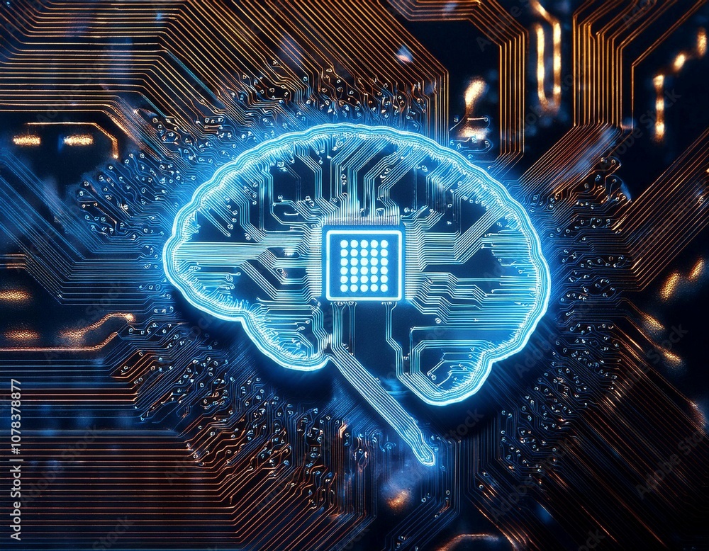 Poster intricate circuit board with illuminated brain symbol representing artificial intelligence technolog