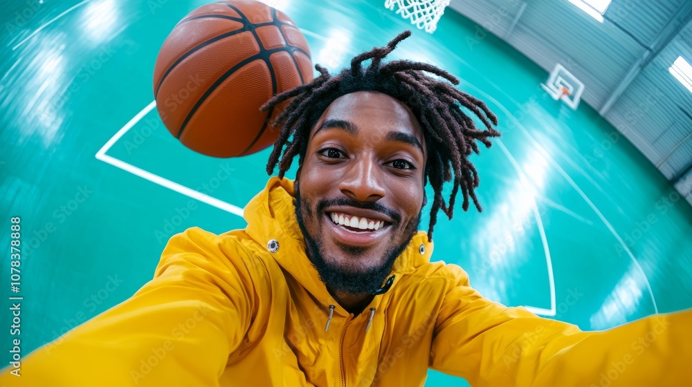 Poster man with dreadlocks is smiling and holding a basketball. the image has a fun and lighthearted mood, 