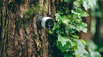 A camera installed on a tree trunk, surrounded by lush green foliage, emphasizing nature and technology integration.