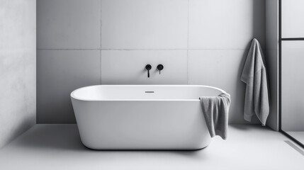 Fototapeta premium Modern minimalist bathroom interior with a white freestanding bathtub, black fixtures, and gray towels on a concrete floor and wall design.