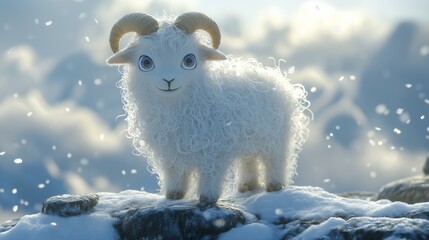 Lovable 3d mountain goat with curly fur in snowy alpine setting for winter design concepts