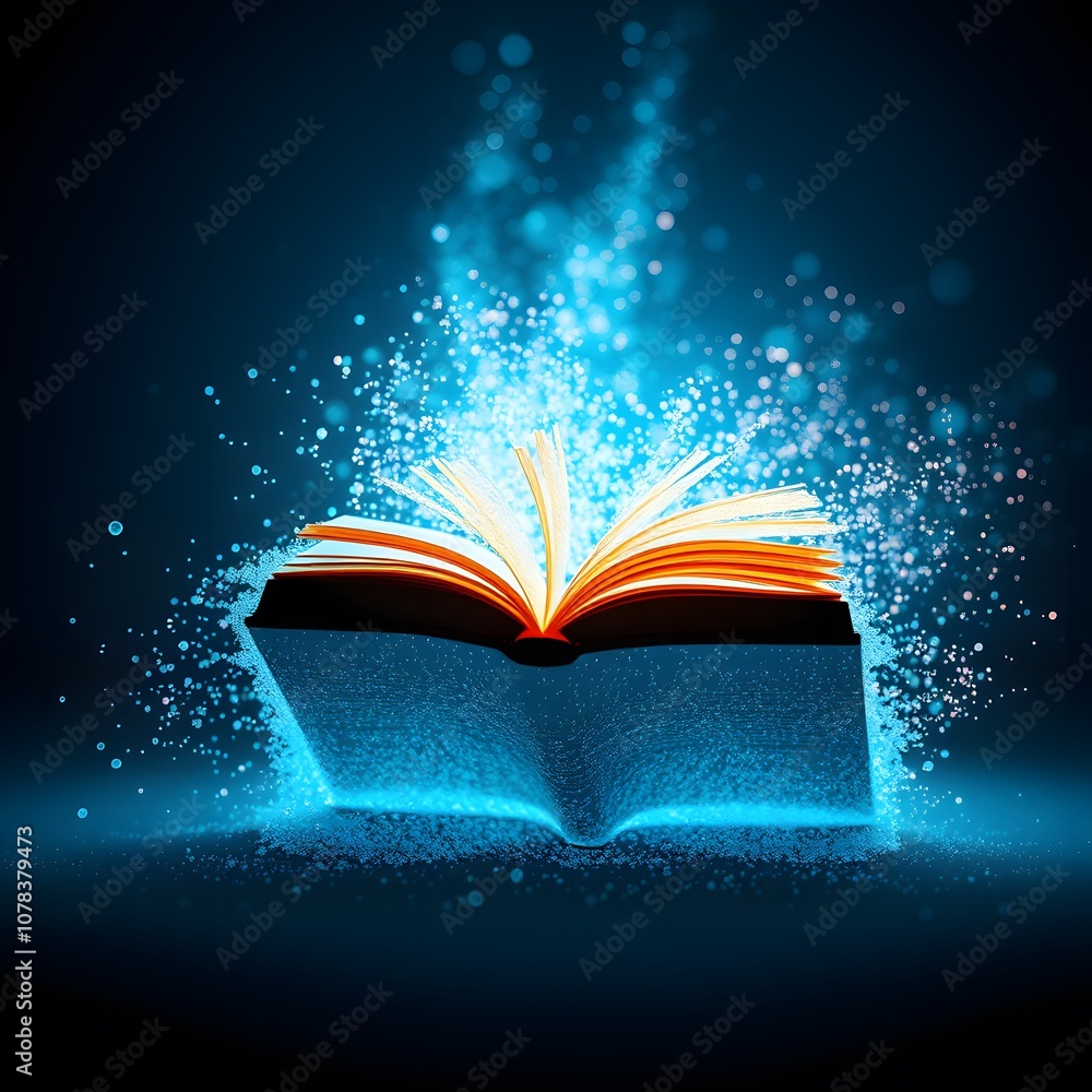 Aufkleber A Captivating Visual of a Book Disintegrating into Glowing Particles, Perfect for Illustrating Concepts of Knowledge, Transformation, and Change in Educational and Creative Projects