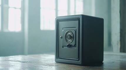 Naklejka premium Vintage security safe sitting on a wooden table in a dimly lit room with soft light coming through the windows, creating an atmosphere of mystery and protection