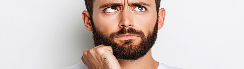 Fototapeta premium A man with a thoughtful expression, pondering a question or decision.