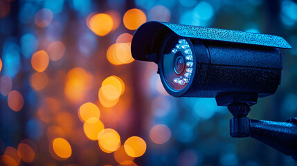 A close-up of a security camera against a blurred, colorful background, highlighting the importance of surveillance and safety.