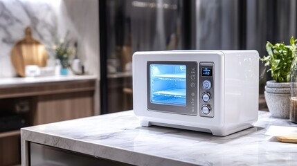 Fototapeta premium Modern White Microwave Oven on Kitchen Counter with Marble Surface and Contemporary Decor, Ideal for Culinary Enthusiasts and Kitchen Appliances Showcase