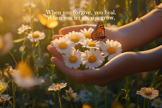 Forgiveness inspirational motivational quote - When you forgive, you heal. When you let go you grow. Butterfly on a white camomile in hands with warm sunlight over garden background. Forgiving.