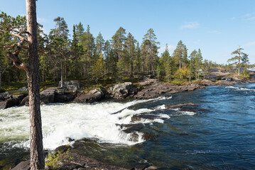 Pitefluss am Trollforsen Wasserfall im Herbst in Schweden	
