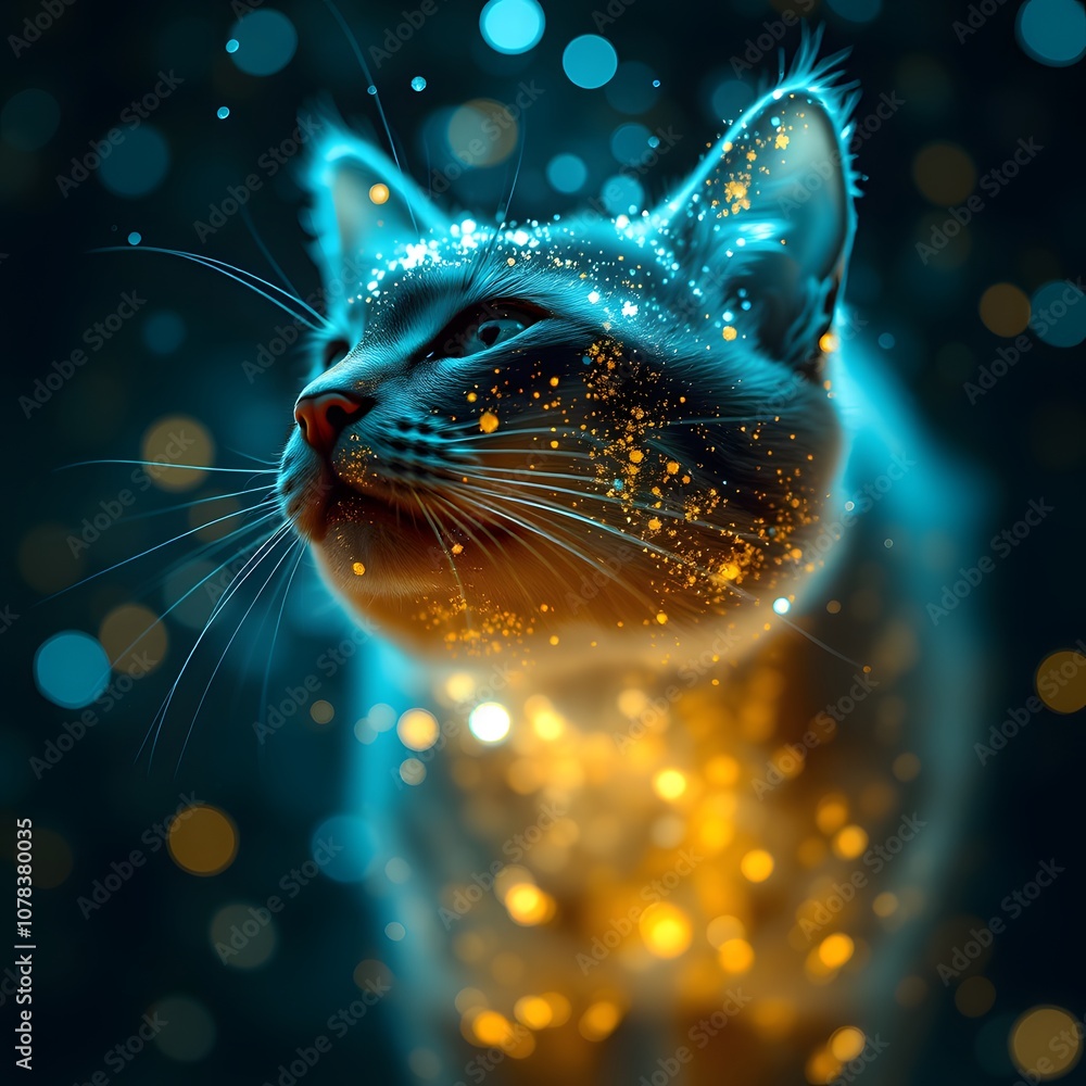 Aufkleber a vigorous cat dissolving and disappearing in particles with glowing effects suitable for digital ar