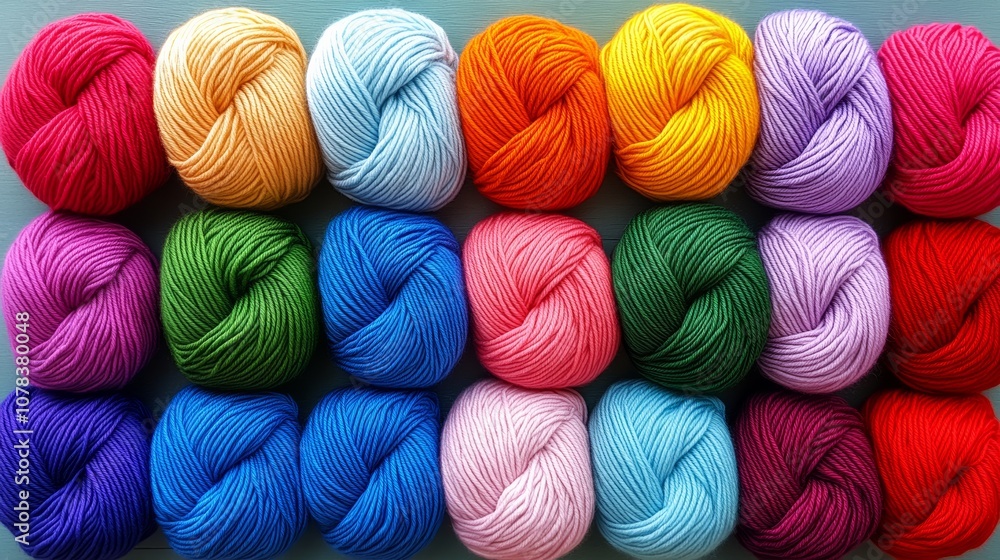 Poster row of colorful yarn balls are displayed in a row. the colors are bright and cheerful, creating a se