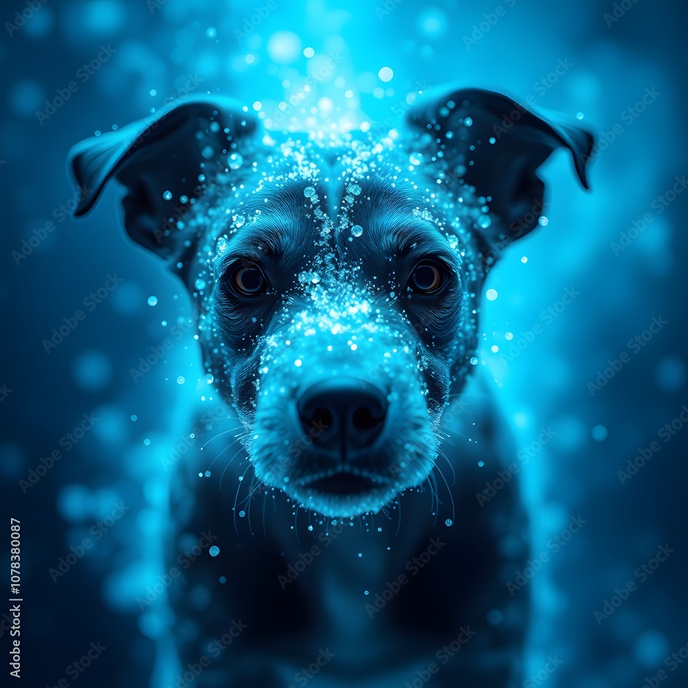 Poster a dynamic representation of a vigorous dog dissolving into glowing particles, perfect for illustrati