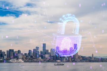 Digital security concept with lock icon overlay on Seattle city skyline and waterfront.