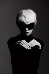 Stylish young woman with short white hair wearing oversized sunglasses, posing dramatically with...