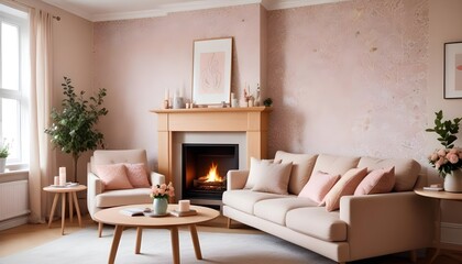 Scandinavian living room interior design zoom background,Doodle Galaxy patterned wallpaper graphics