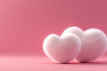 Fototapeta premium Two fuzzy pink hearts are sitting on a pink background. The fuzzy texture of the hearts gives them a soft and cuddly appearance, which conveys a sense of warmth and affection