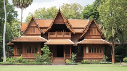 Traditional Thai Wooden House Surrounded by Lush Greenery in a Scenic Landscape with a Bright Sky Perfect for Cultural Heritage and Architecture Themes
