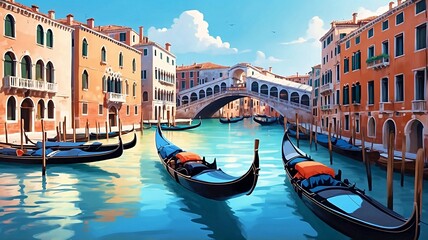 A vibrant, stylized illustration of Venice (Venezia), showcasing the iconic colorful houses along the Grand Canal. The scene captures the essence of Venice's charm with a traditional gondolas