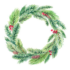 Watercolor fir branch wreath on white background, with red berries. Stylish Christmas wreath. Perfect for holiday cards, xmas decor and seasonal artwork