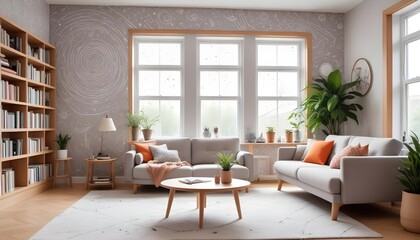 Scandinavian living room interior design zoom background,Doodle Galaxy patterned wallpaper graphics