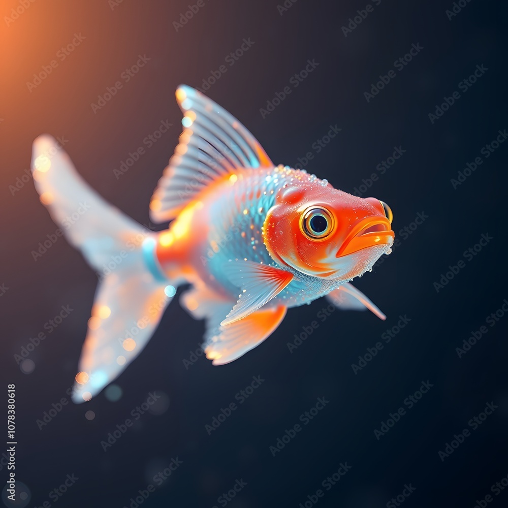 Poster A Captivating Visual of a Vigorous Goldfish Gradually Dissolving into Particles with Stunning Glowing Effects for Creative Projects