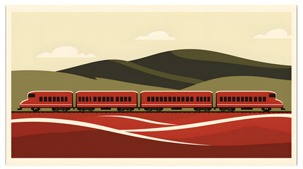 Stylized red train traveling through green hills