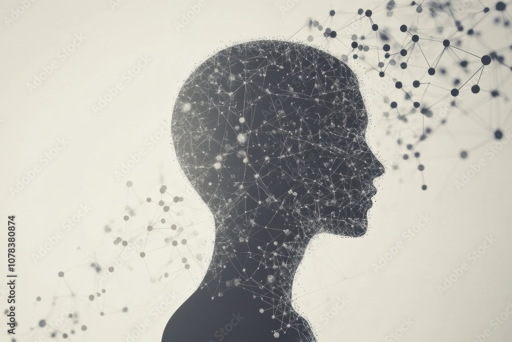 Poster a silhouette of a human head filled with intricate molecules and diagrams illustrates the interplay 