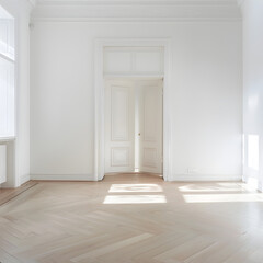 Door frame with door in the middle of an all white empty room white. 3D render.