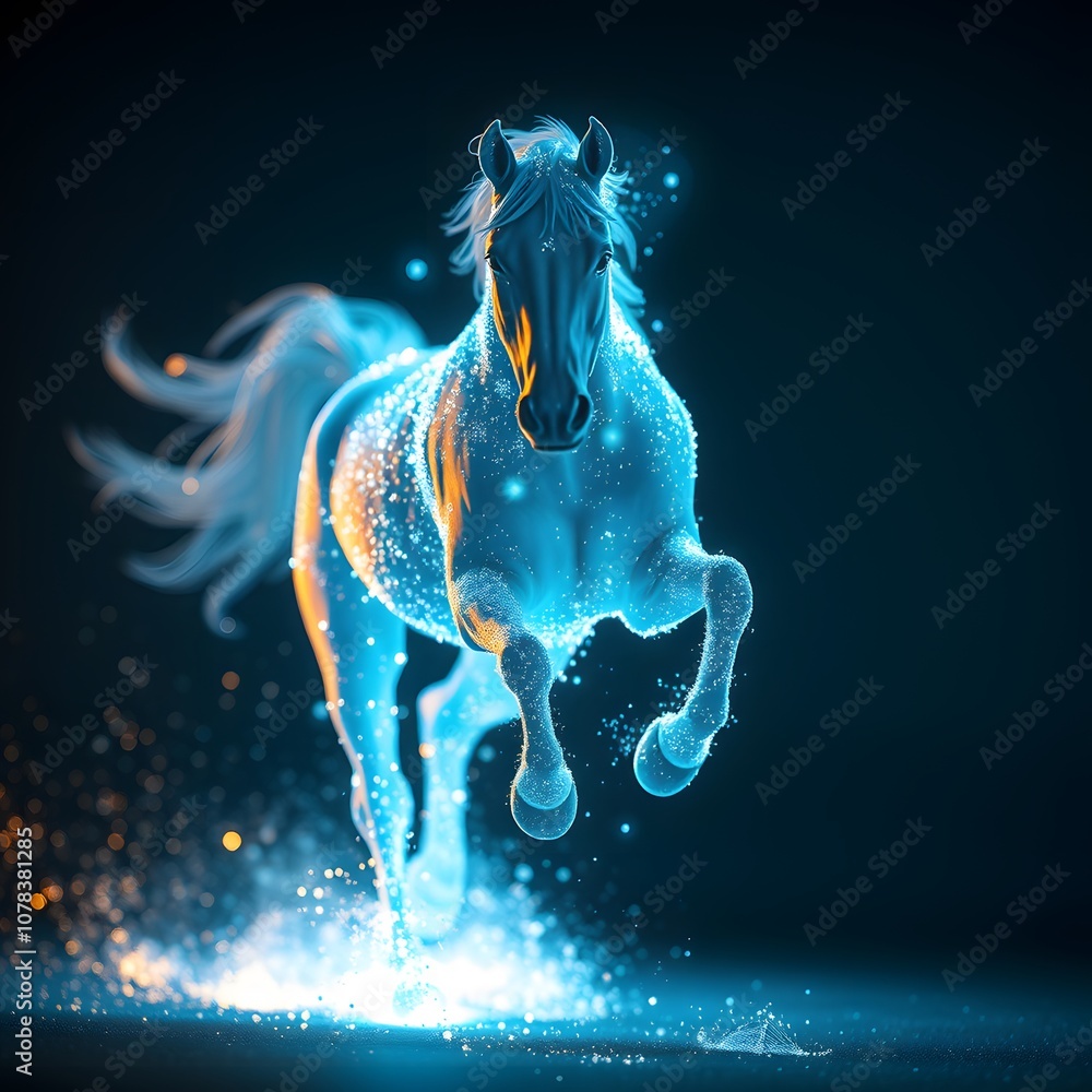 Poster a majestic horse enveloped in particles, creating an enchanting visual experience suitable for fanta