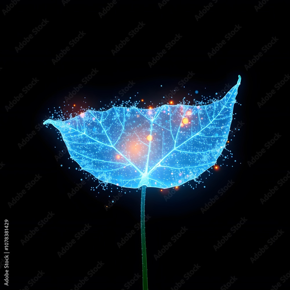 Poster A Captivating Image of a Vigorous Leaf Dissolving and Disappearing into Particles with Glowing Effects for Artistic and Creative Projects