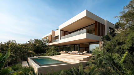 Fototapeta premium Modern architectural home with large glass windows, surrounded by lush greenery, featuring a spacious terrace and infinity pool under a clear blue sky.