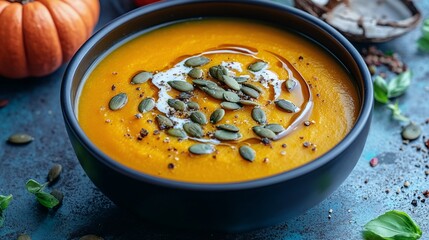 Vegan Butternut Squash Soup Recipe with Pumpkin Seeds and Coconut Cream