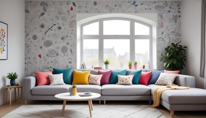 Scandinavian living room interior design zoom background,Doodle Galaxy patterned wallpaper graphics