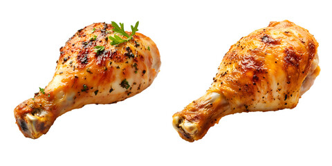 Grilled chicken drumsticks with crispy skin and fresh herb garnish, Cutout, Isolated on White Background
