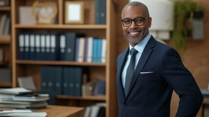 Confident middle-aged politician in professional office setting for leadership and diversity themes