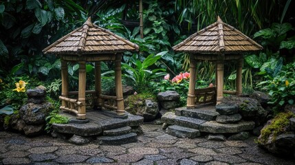 Serene Garden Retreat with Bamboo Pavilions Surrounded by Lush Greenery and Vibrant Flowers, Ideal for Tranquil Landscapes and Nature Photography