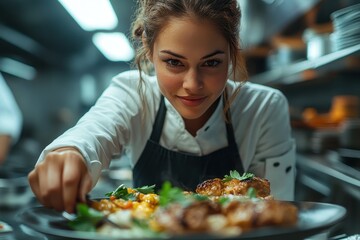 Female chef plating exquisite dishes with precision in a restaurant kitchen.