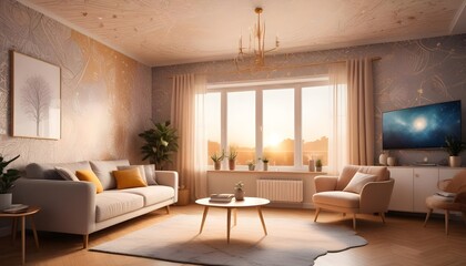 Scandinavian living room interior design zoom background,Doodle Galaxy patterned wallpaper graphics