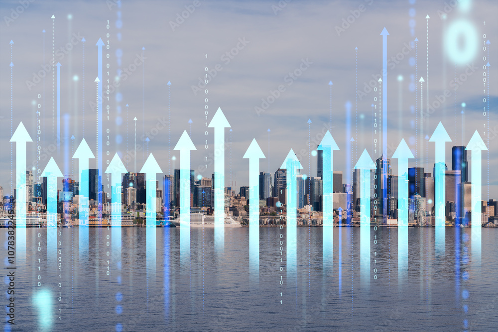 Poster digital arrows over seattle skyline with binary code, symbolizing growth and technological progress.