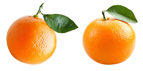 Fresh whole oranges with green leaves and vibrant citrus texture, Cutout, Isolated on White Background