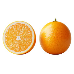 Whole orange and half slice showcasing vibrant citrus texture and fresh details, Cutout, Isolated on White Background