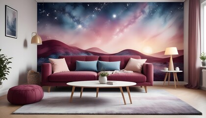 Scandinavian living room interior design zoom background,Doodle Galaxy patterned wallpaper graphics