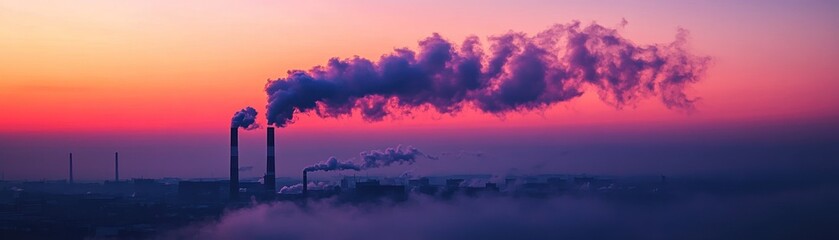 Industrial smokestacks emitting pollution against a colorful sunset sky.