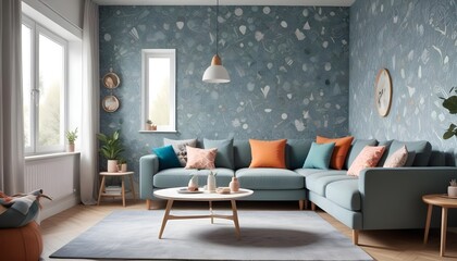 Scandinavian living room interior design zoom background,Doodle Galaxy patterned wallpaper graphics