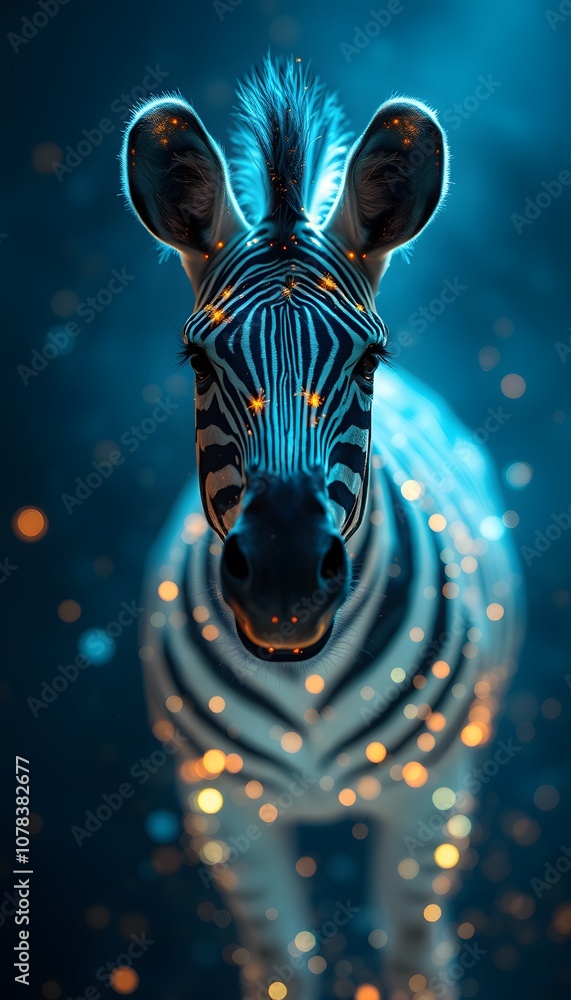 Poster A Striking and Ethereal Representation of a Zebra Dissolving into Glowing Particles, Symbolizing Transformation and Change