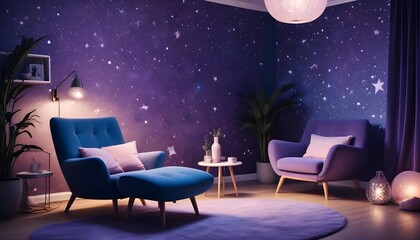 Scandinavian living room interior design zoom background,Doodle Galaxy patterned wallpaper graphics
