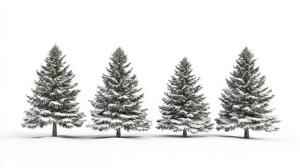 Four Snow-Covered Evergreen Trees Against a White Background