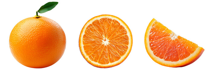 Whole orange, slice, and wedge with vibrant color and fresh texture, Cutout, Isolated on White Background