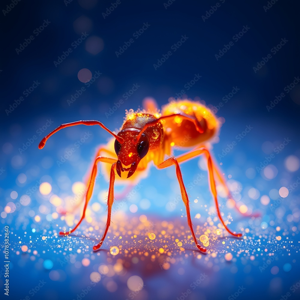 Poster A Vigorously Active Ant Demonstrating Dissolution in a Spectacular Display of Glowing Particles for Artistic and Scientific Visuals